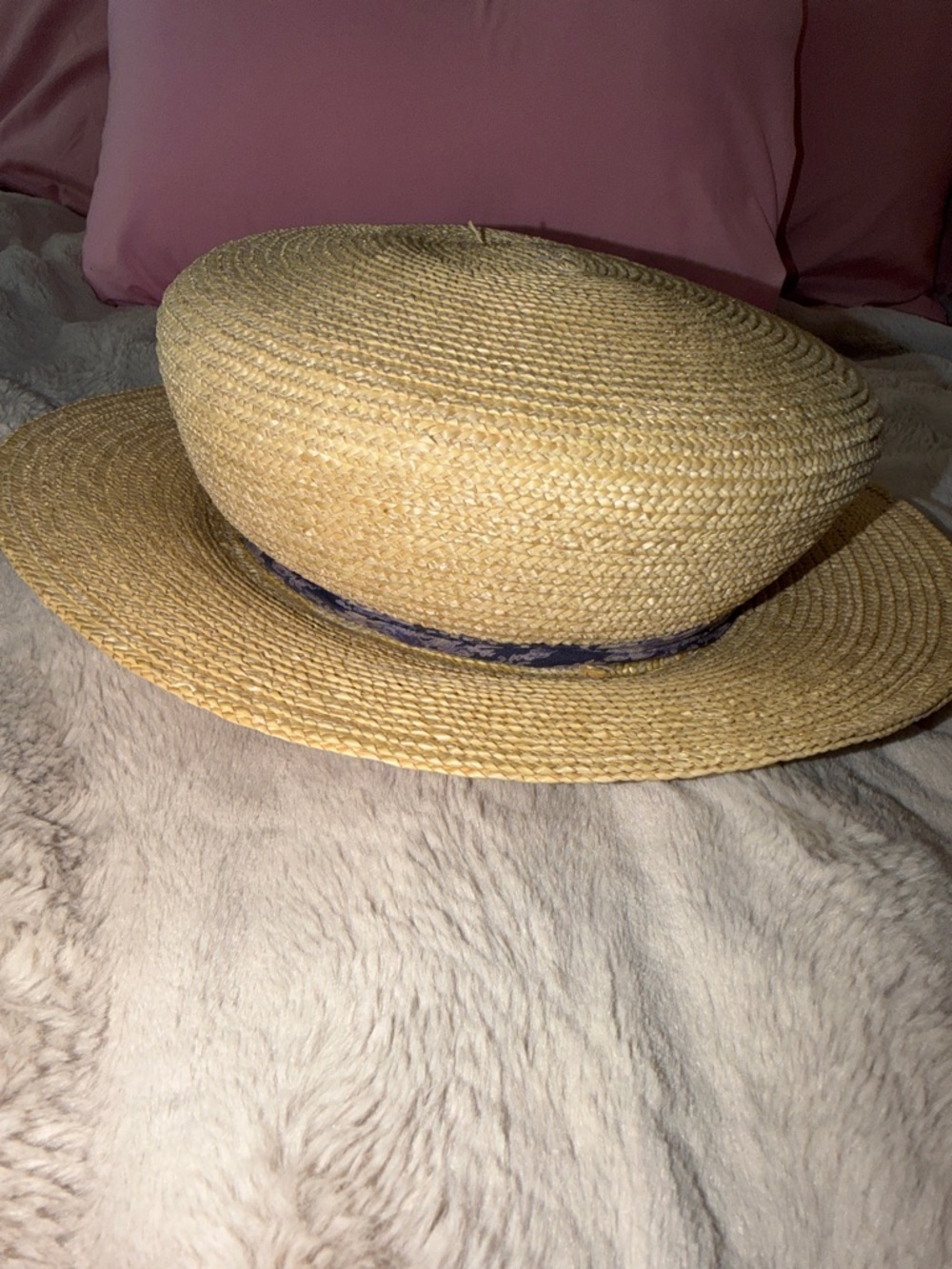 April Cornell Vintage Natural Straw Boater Hat with Blue Floral Bow - Picture 13 of 13
